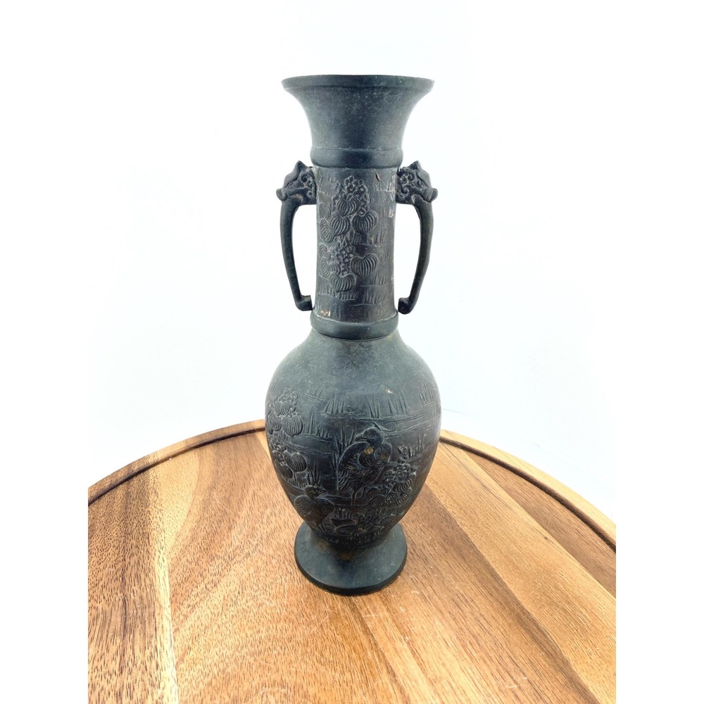 Vintage Japanese Style Cast Brass Vase Twin Dragon Handles Dark Academia Decor